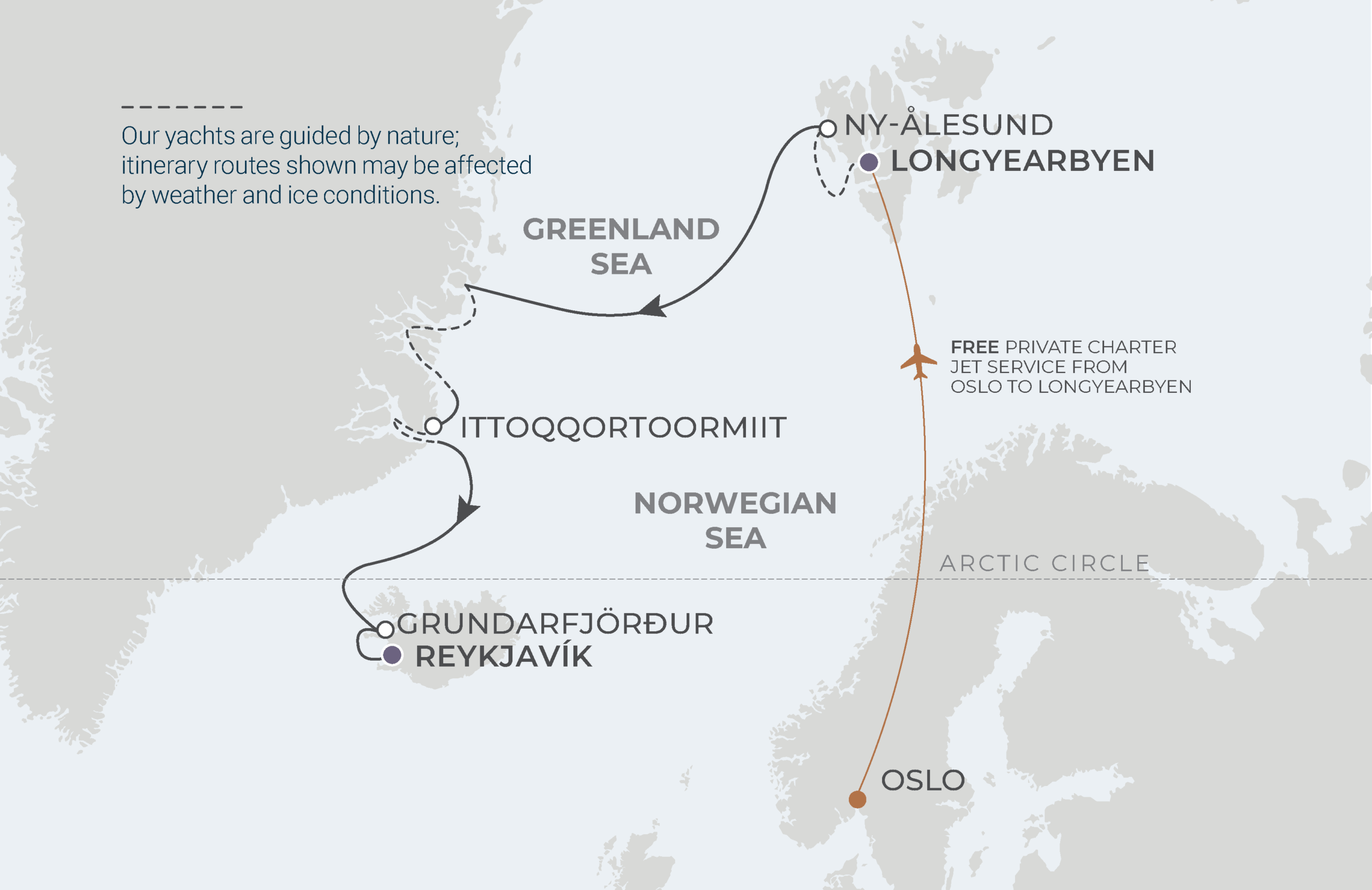 World Voyager Voyage WVO260910 September 10-21, 2026 itinerary route map from Longyearbyen (Svalbard), Norway to Reykjavík, Iceland
