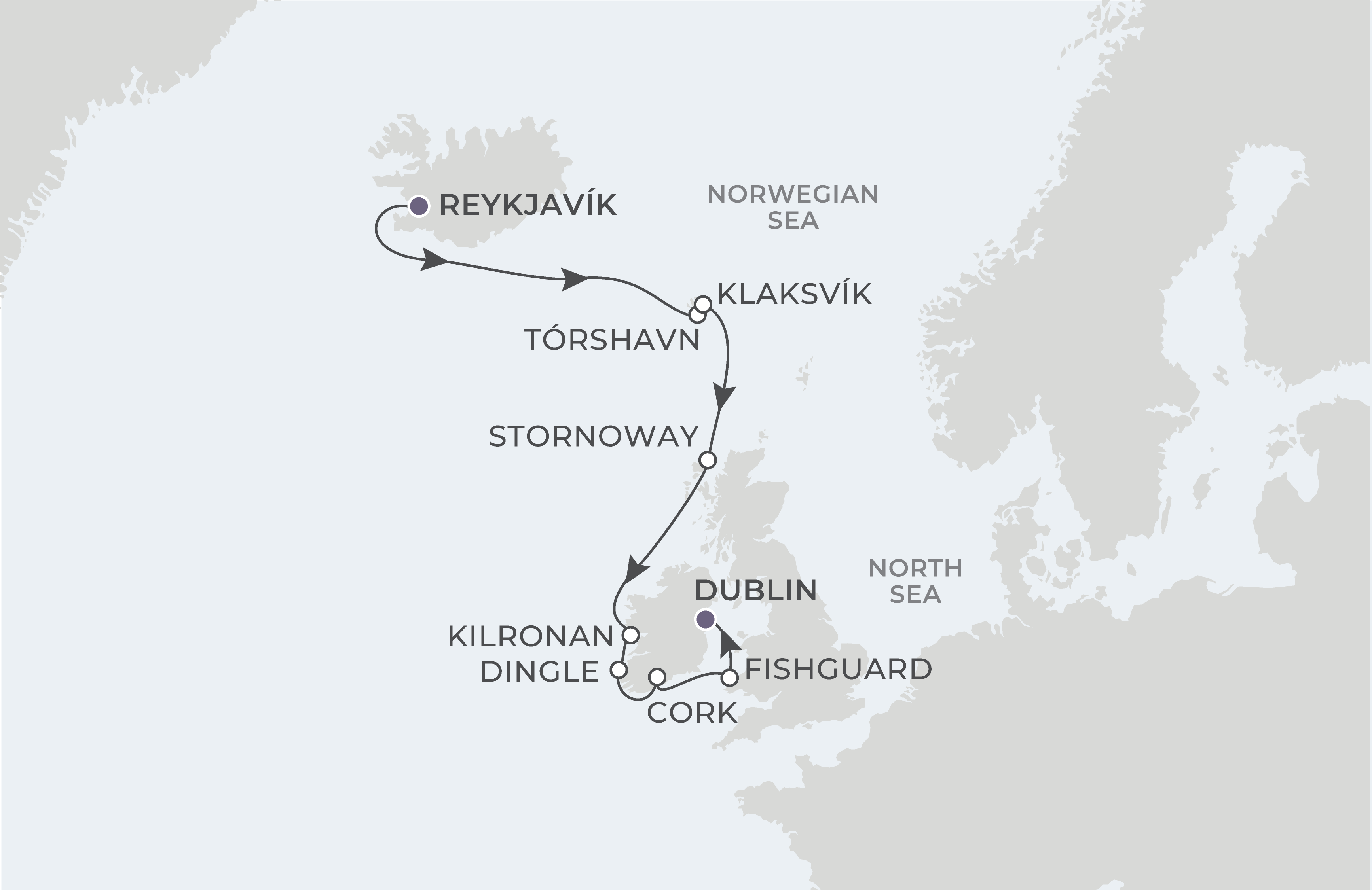 World Voyager Voyage WVO260921 September 21-October 1, 2026 itinerary route map from Reykjavík, Iceland to Dublin, Ireland