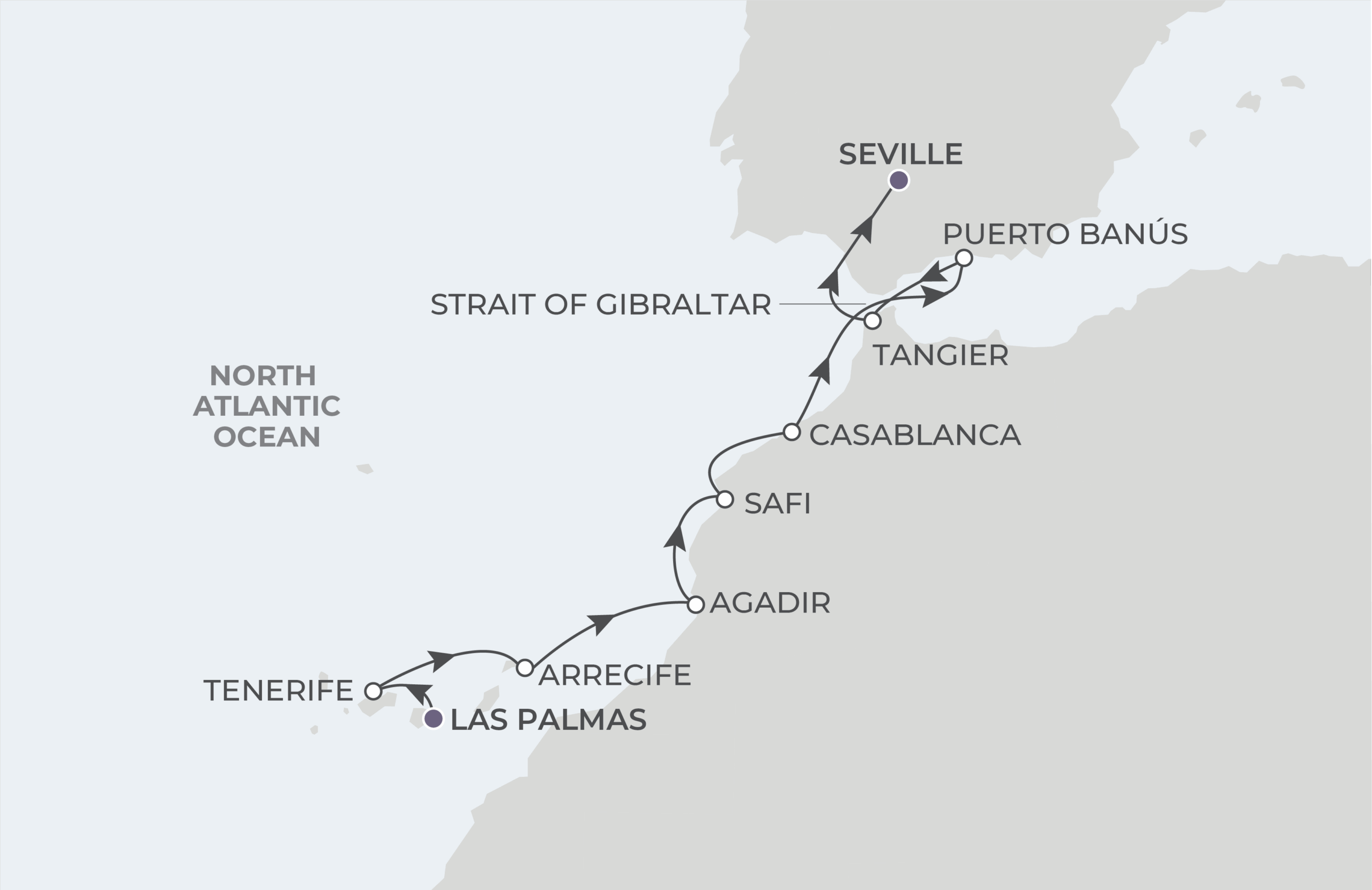 World Voyager Voyage WVO270406 April 6-16, 2027 itinerary route map from Las Palmas (Gran Canaria), Canary Islands, Spain to Seville, Spain