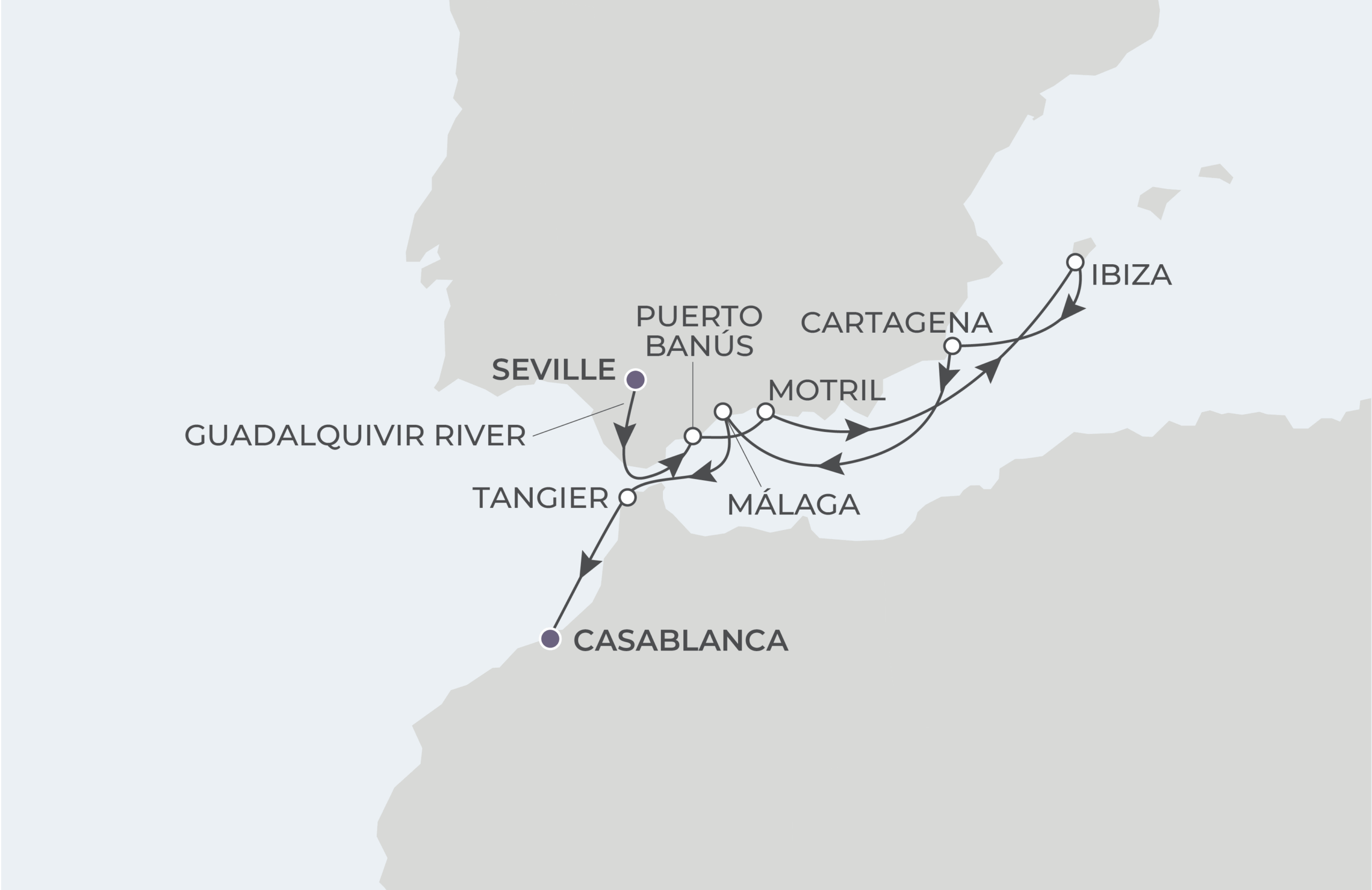 World Voyager Voyage WVO270416 April 16-25, 2027 itinerary route map from Seville, Spain to Casablanca, Morocco