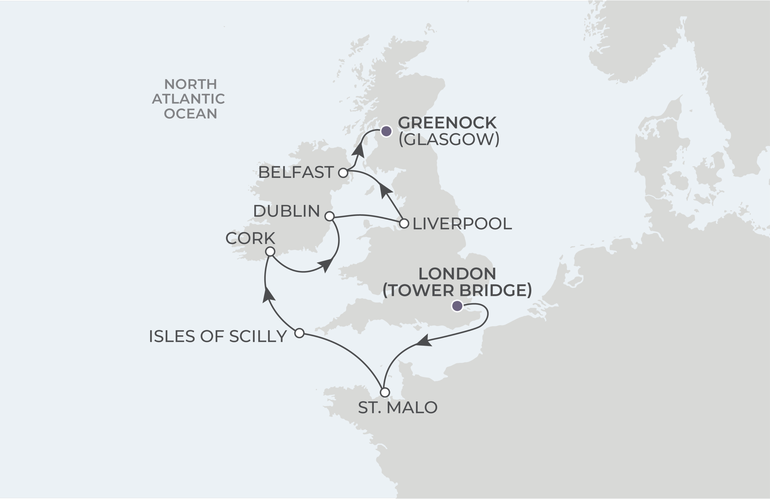 World Voyager Voyage WVO270511 May 11-20, 2027 itinerary route map from London (Tower Bridge), England to Greenock (Glasgow), Scotland