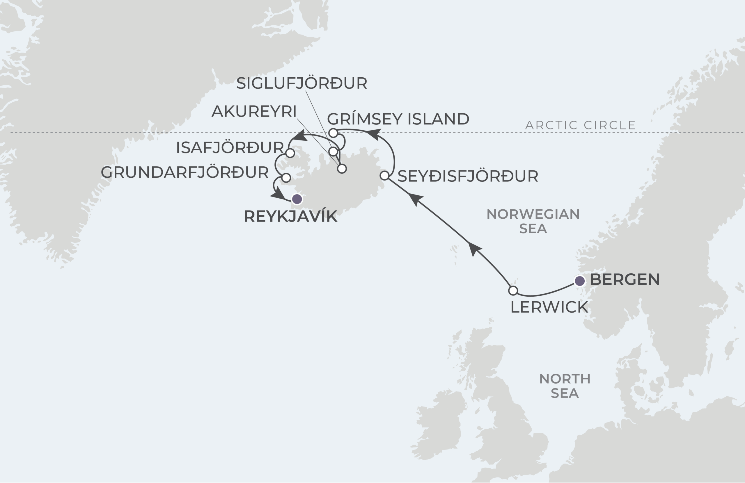 World Voyager Voyage WVO270527 May 27-June 5, 2027 itinerary route map from Bergen, Norway to Reykjavík, Iceland