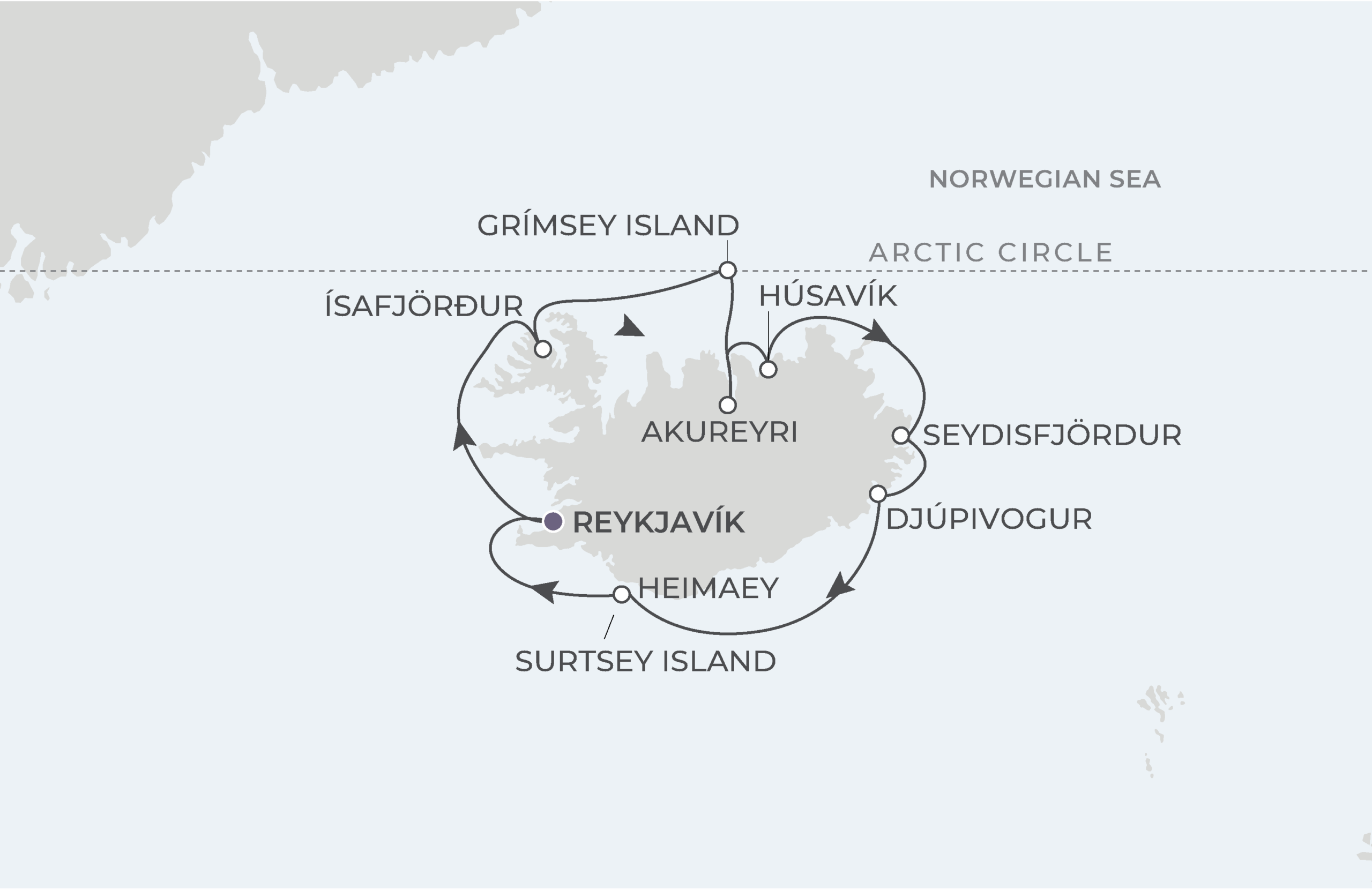 World Voyager Voyage WVO270605 June 5-12, 2027 itinerary route map from Reykjavík, Iceland to Reykjavík, Iceland