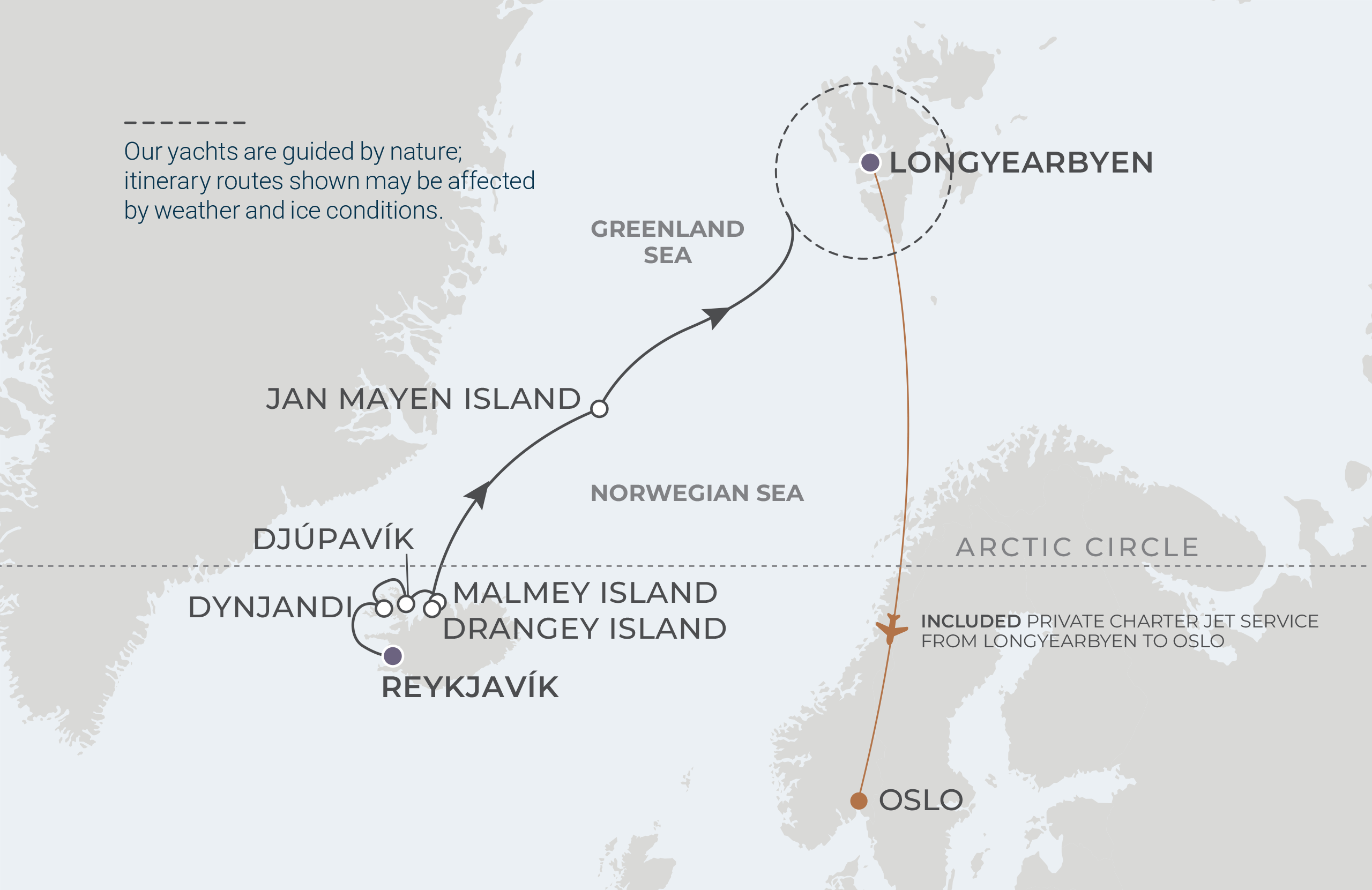 World Voyager Voyage WVO270612 June 12-23, 2027 itinerary route map from Reykjavík, Iceland to Longyearbyen (Svalbard), Norway