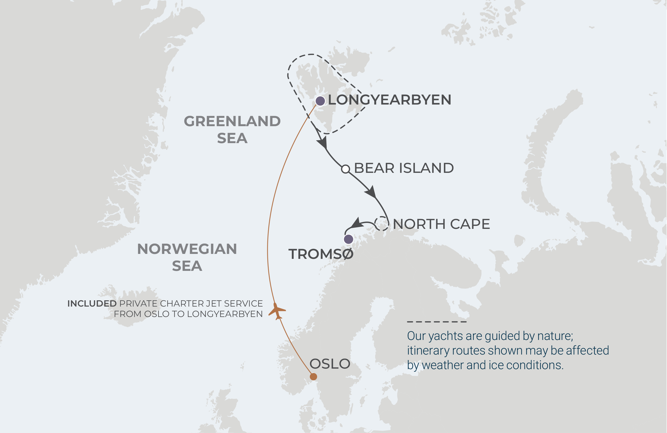 World Voyager Voyage WVO270623 June 23-July 4, 2027 itinerary route map from Longyearbyen (Svalbard), Norway to Tromsø, Norway