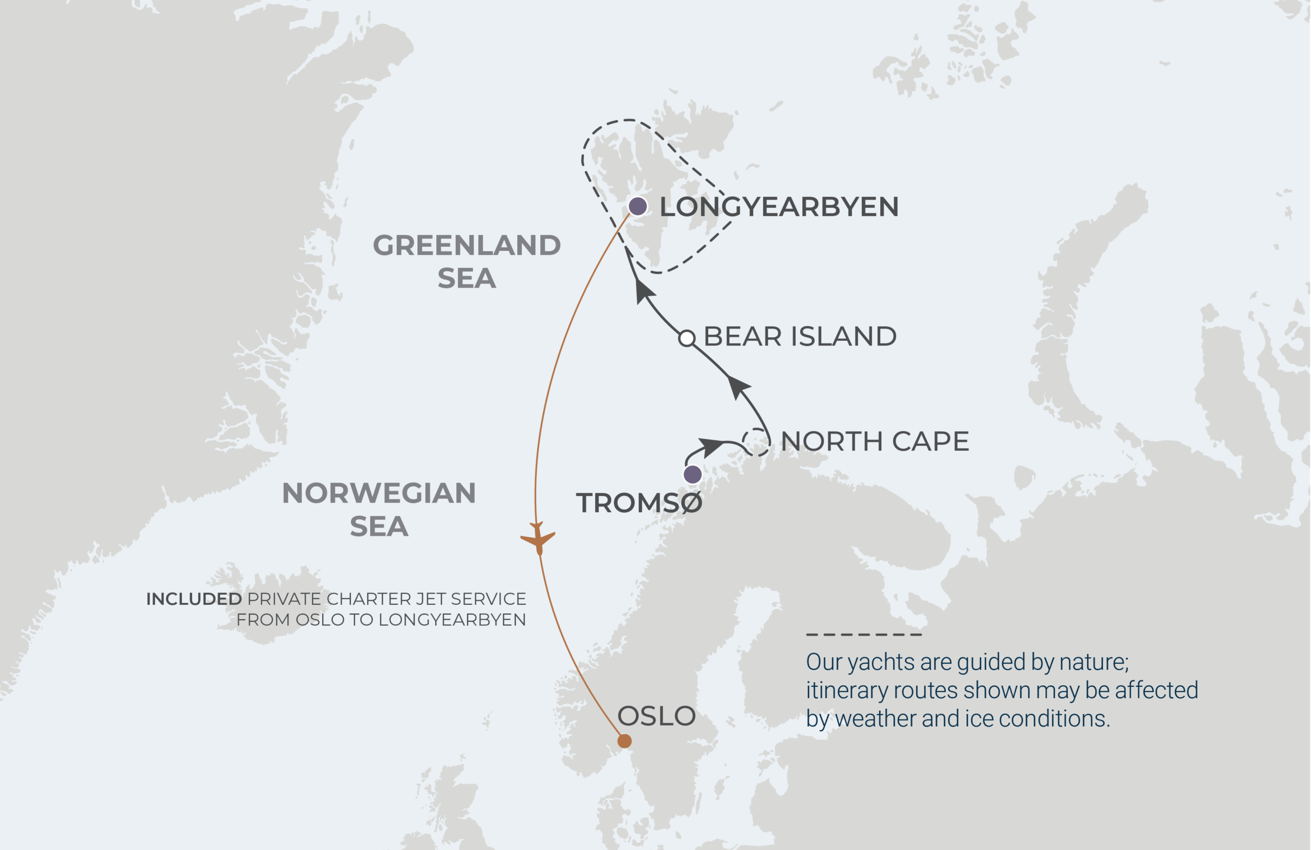 World Voyager Voyage WVO270704 July 4-15, 2027 itinerary route map from Tromsø, Norway to Longyearbyen (Svalbard), Norway