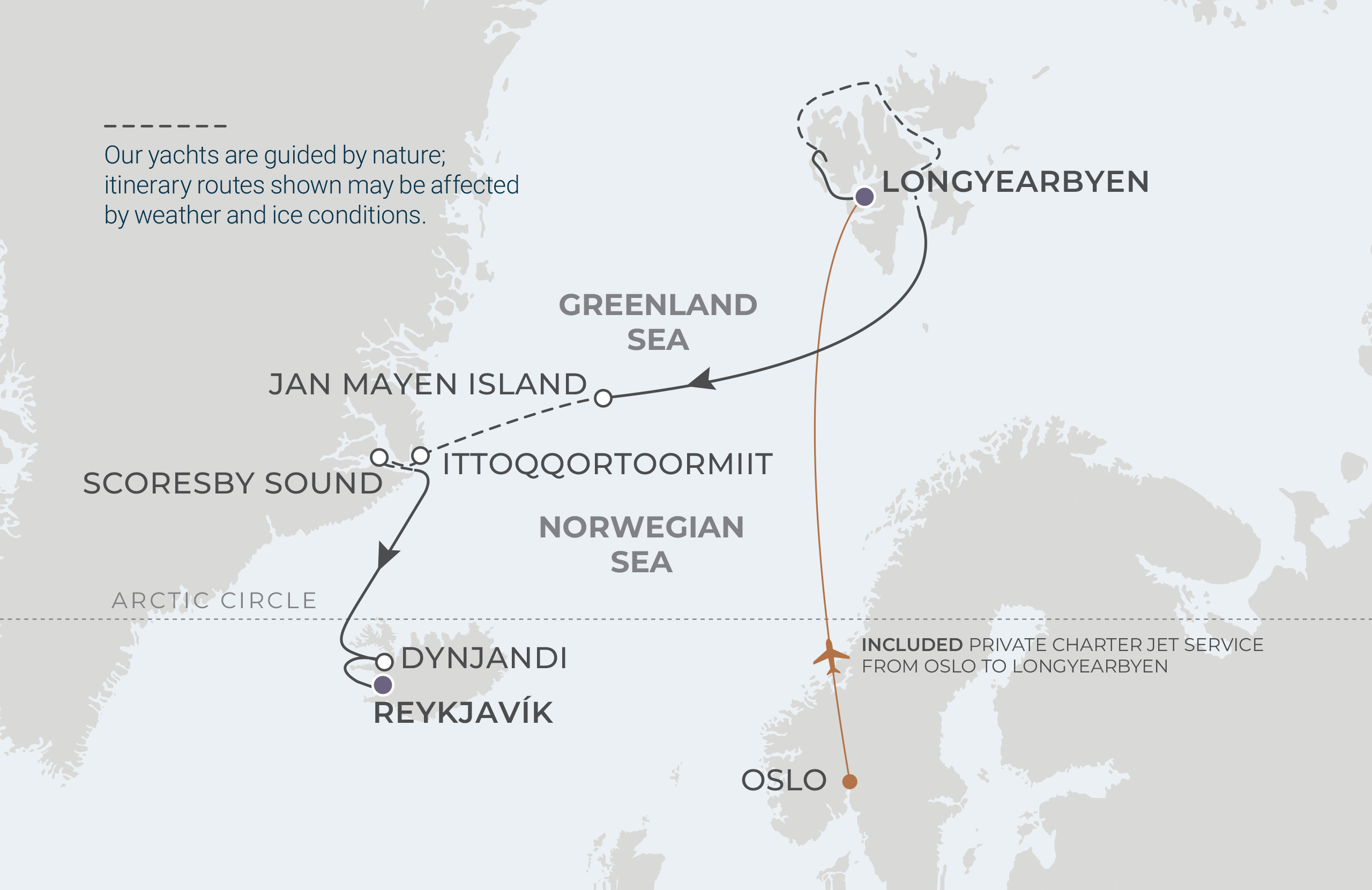 World Voyager Voyage WVO270806 August 6-15, 2027 itinerary route map from Longyearbyen (Svalbard), Norway to Reykjavík, Iceland