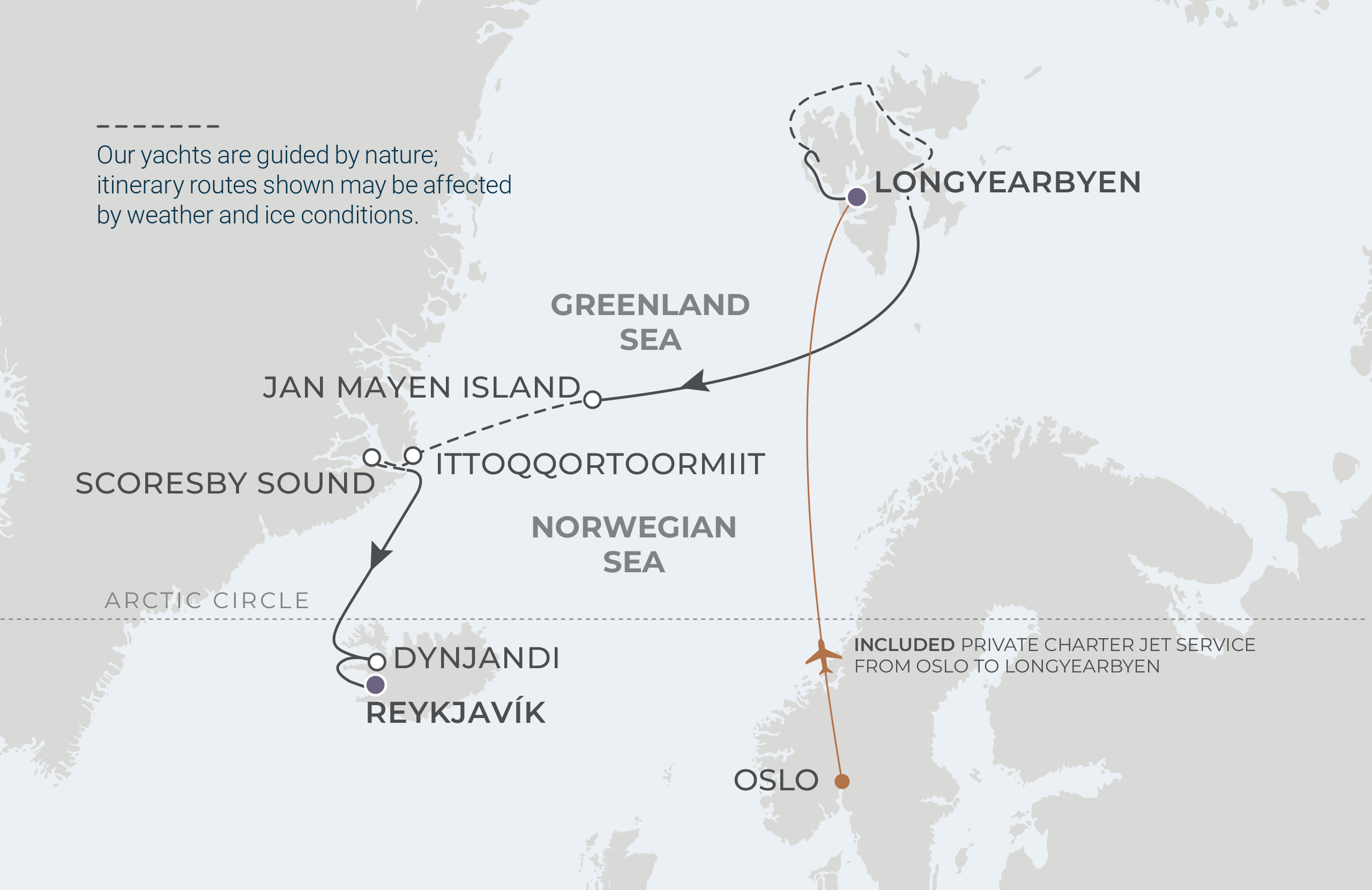 World Voyager Voyage WVO270824 August 24-September 4, 2027 itinerary route map from Longyearbyen (Svalbard), Norway to Reykjavík, Iceland