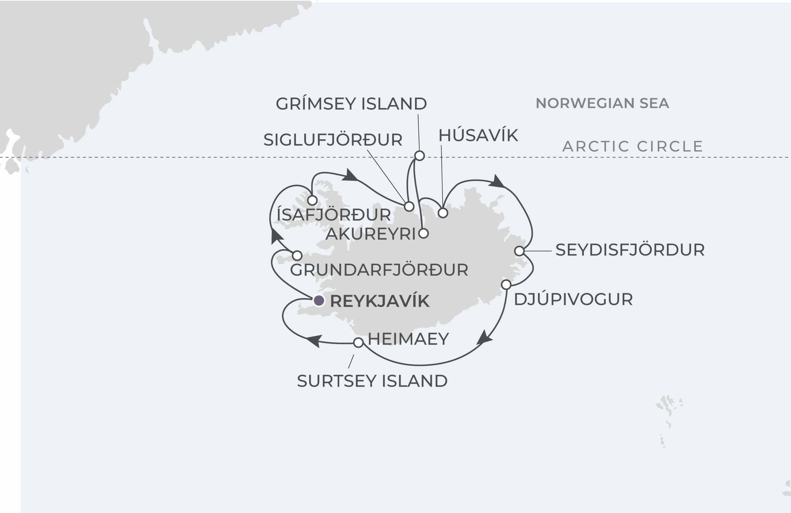 World Voyager Voyage WVO270904 September 4-14, 2027 itinerary route map from Reykjavík, Iceland to Reykjavík, Iceland