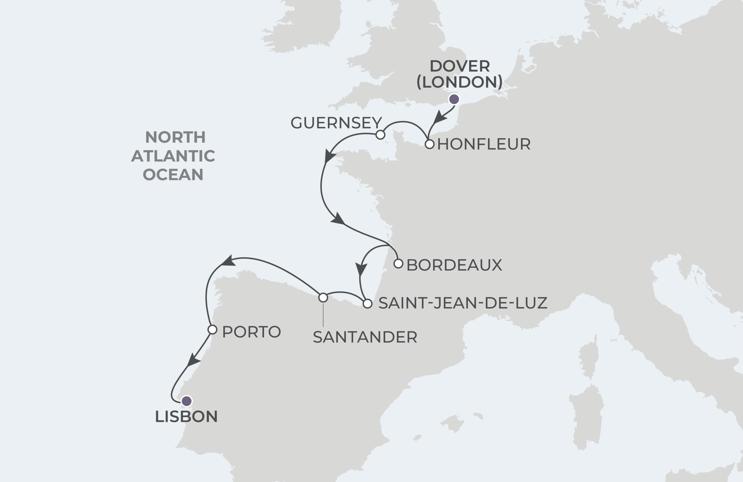 World Voyager Voyage WVO270925 September 25-October 6, 2027 itinerary route map from Dover (London), England to Lisbon, Portugal