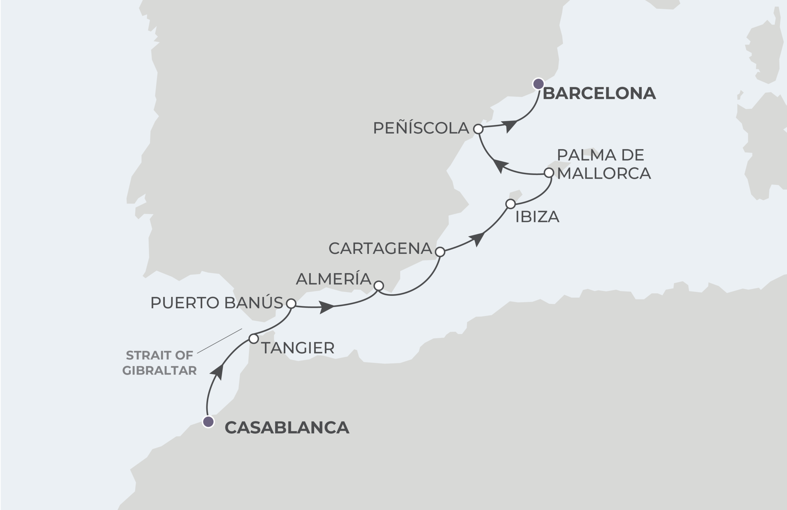 World Voyager Voyage WVO280405 April 5-13, 2028 itinerary route map from Casablanca, Morocco to Barcelona, Spain