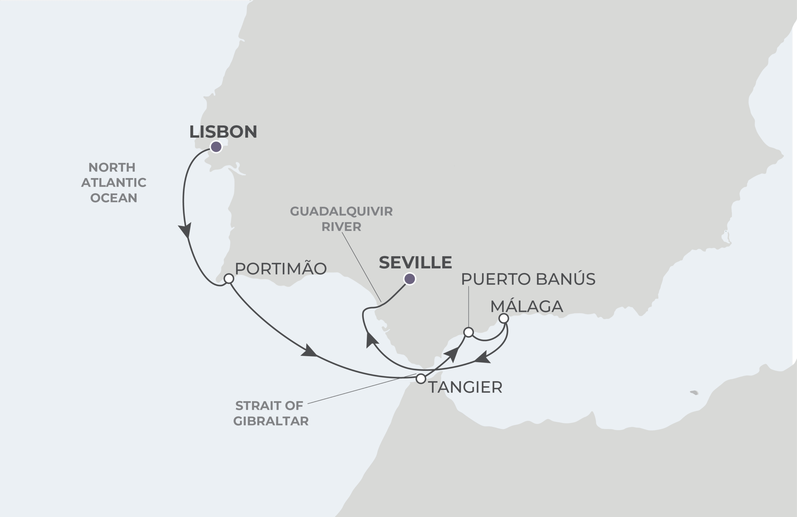 World Voyager Voyage WVO280428 April 28-May 5, 2028 itinerary route map from Lisbon, Portugal to Seville, Spain