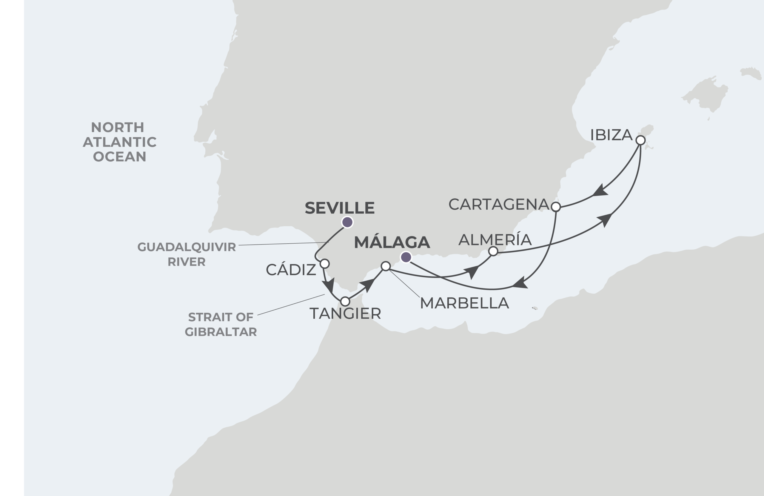 World Voyager Voyage WVO280505 May 5-14, 2028 itinerary route map from Seville, Spain to Málaga (Granada), Spain