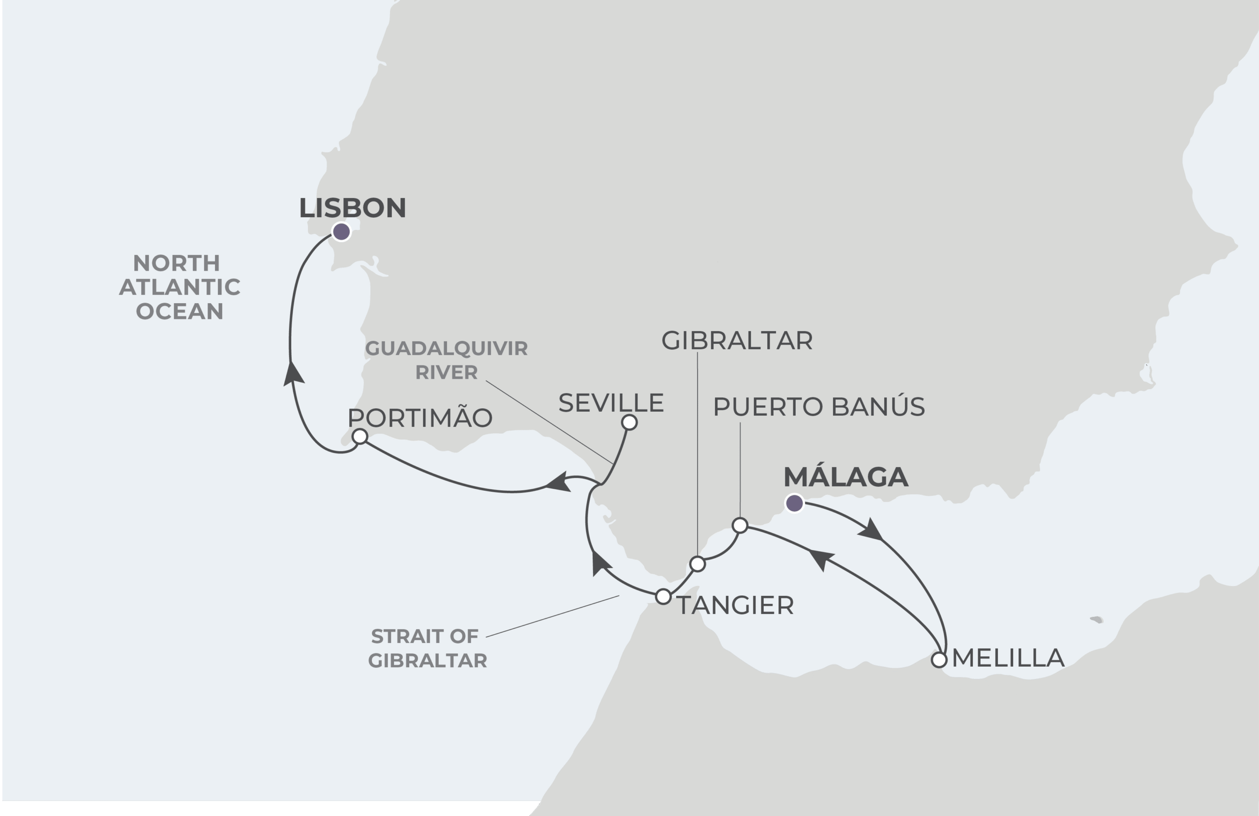 World Voyager Voyage WVO280514 May 14-22, 2028 itinerary route map from Málaga (Granada), Spain to Lisbon, Portugal