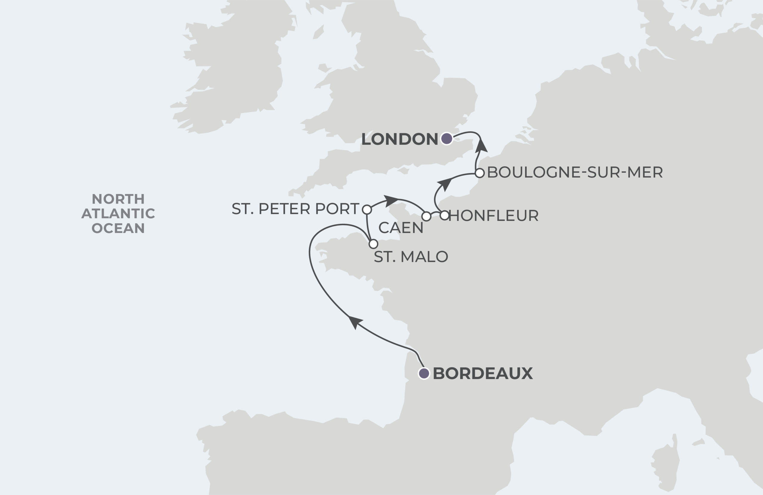 World Voyager Voyage WVO280530 May 30-June 11, 2028 itinerary route map from Bordeaux, France to London (Tower Bridge), England