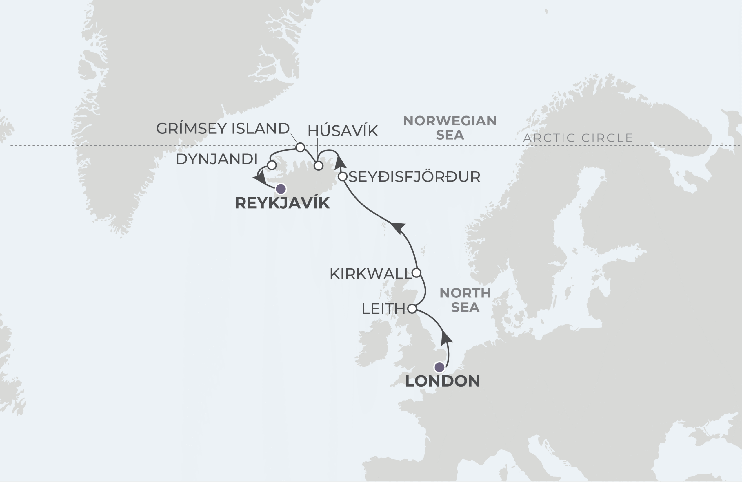 World Voyager Voyage WVO280611 June 11-22, 2028 itinerary route map from London (Tower Bridge), England to Reykjavík, Iceland