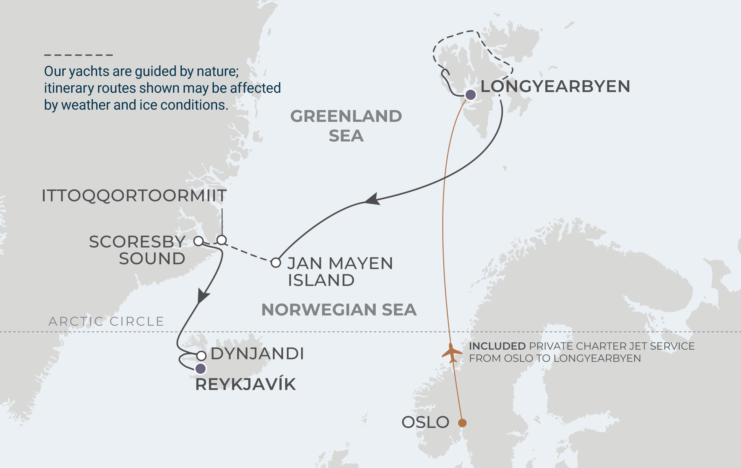 World Voyager Voyage WVO280725 July 25-August 5, 2028 itinerary route map from Longyearbyen (Svalbard), Norway to Reykjavík, Iceland