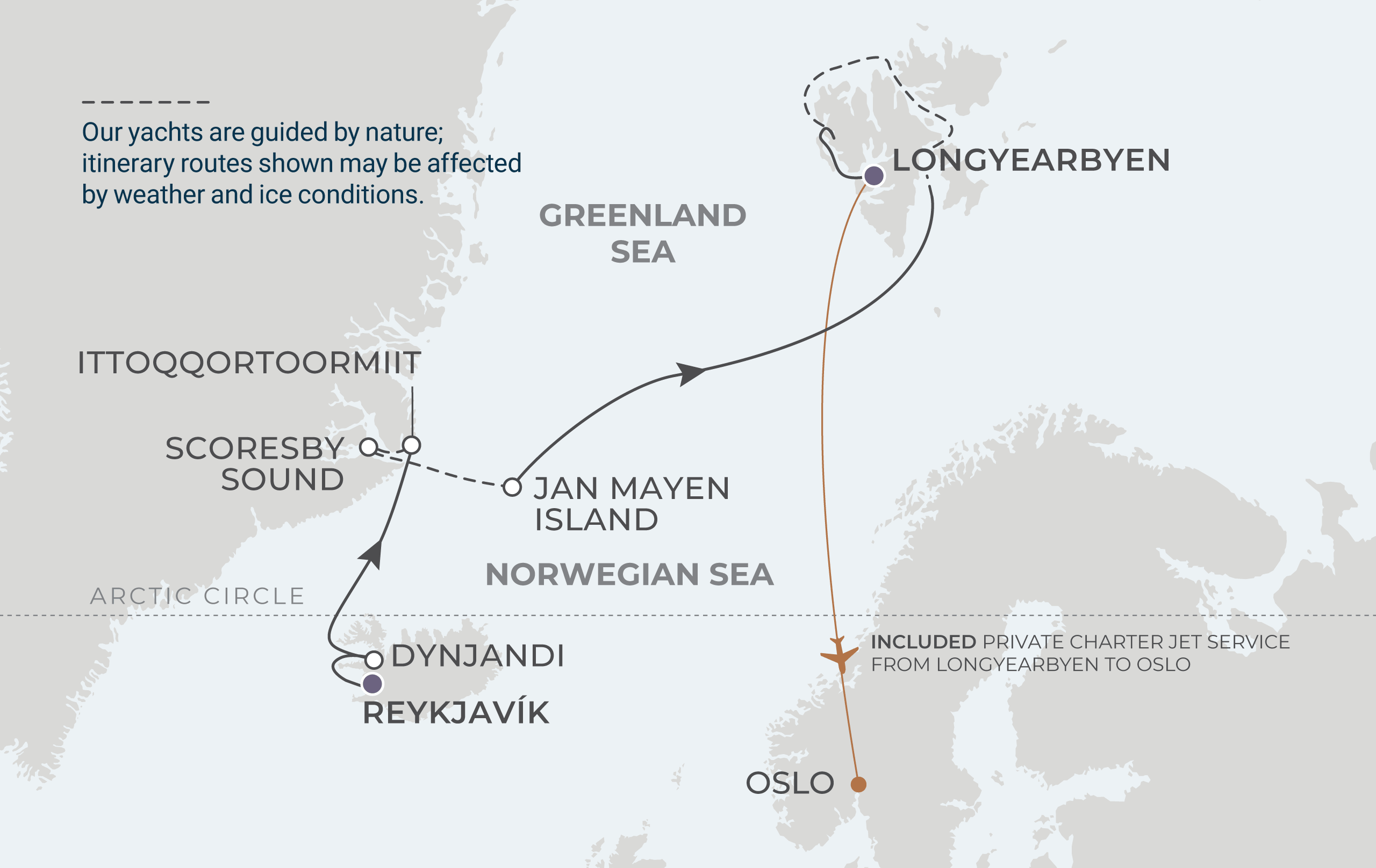 World Voyager Voyage WVO280805 August 5-14, 2028 itinerary route map from Reykjavík, Iceland to Longyearbyen (Svalbard), Norway