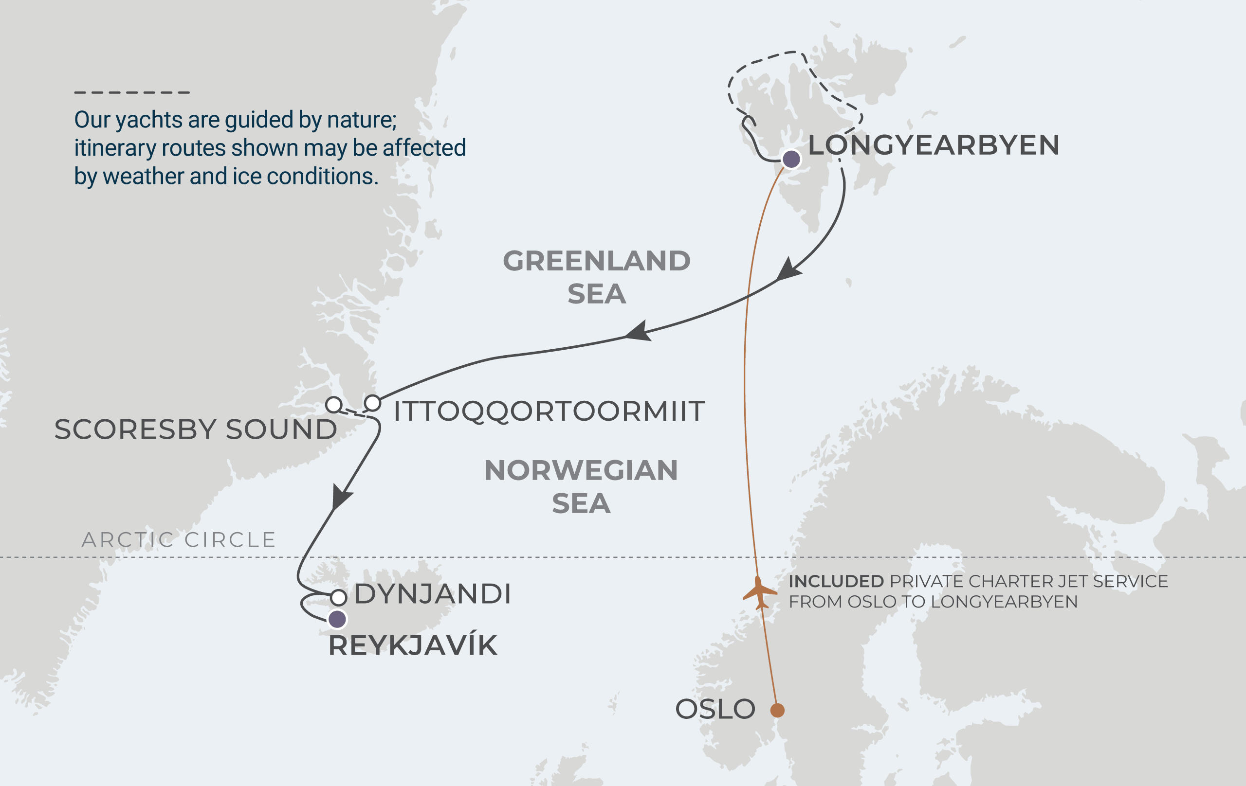 World Voyager Voyage WVO280905 September 5-16, 2028 itinerary route map from Longyearbyen (Svalbard), Norway to Reykjavík, Iceland