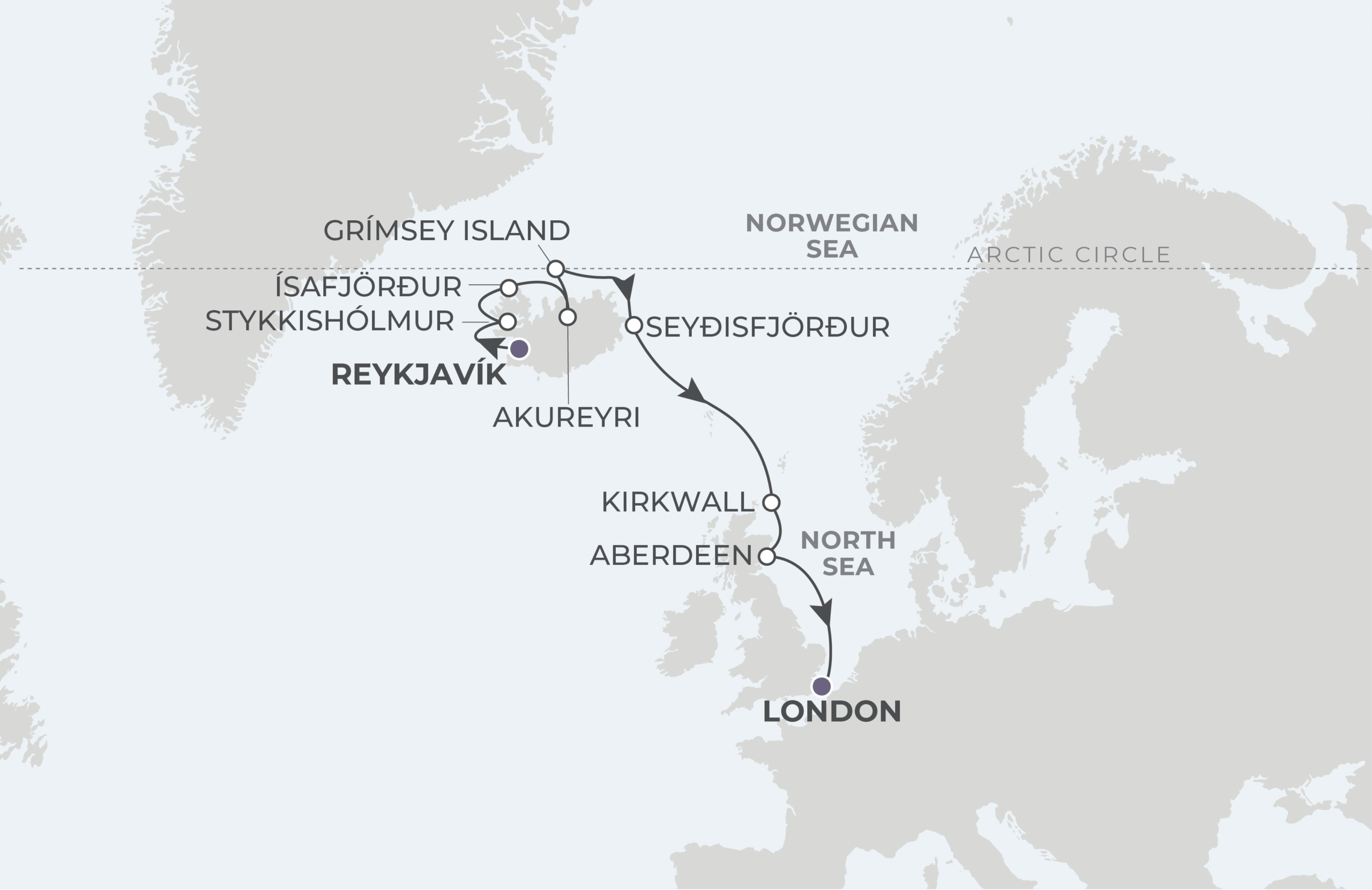 World Voyager Voyage WVO280916 September 16-26, 2028 itinerary route map from Reykjavík, Iceland to London (Tower Bridge), England