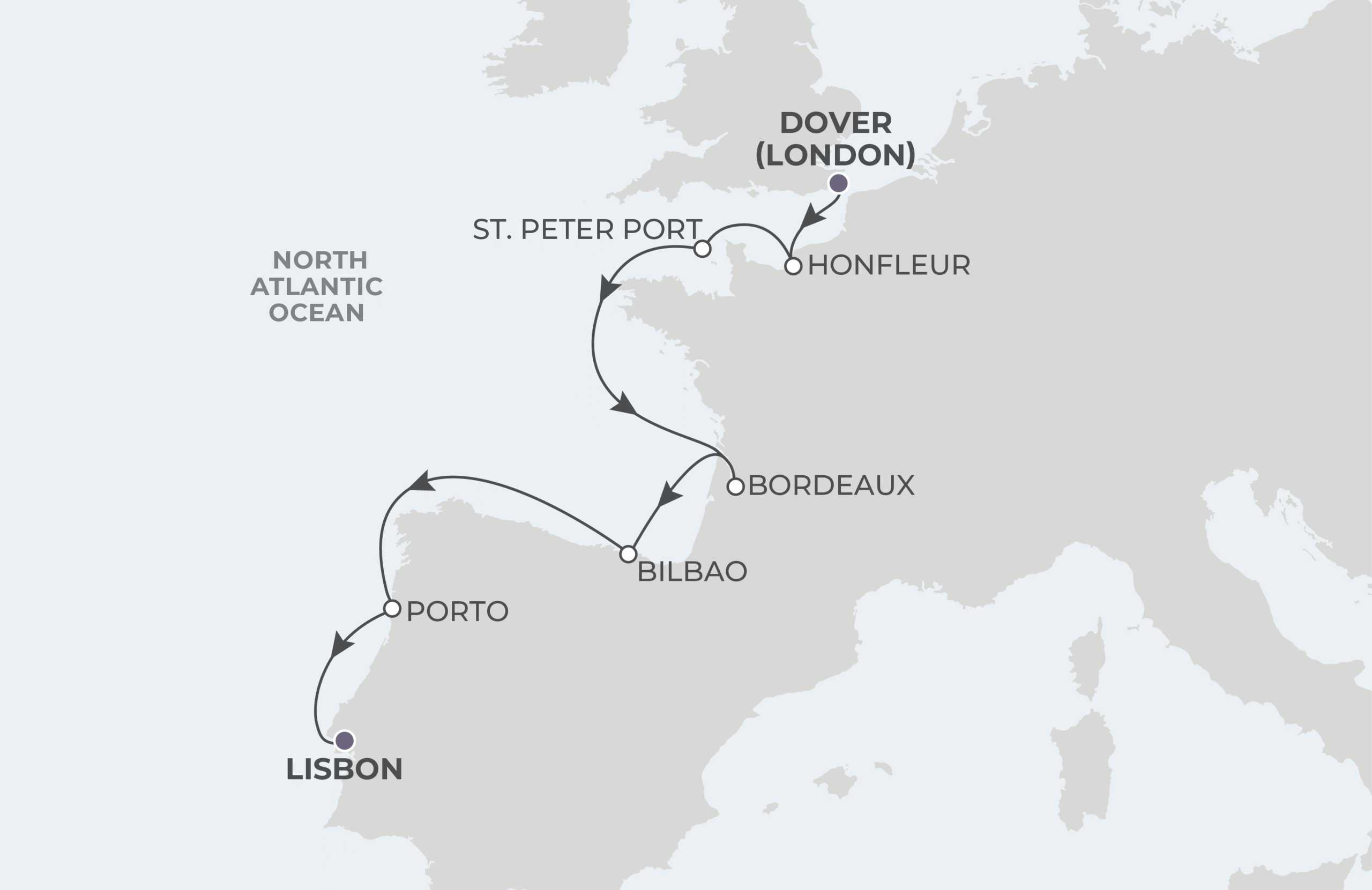 World Voyager Voyage WVO280926 September 26-October 6, 2028 itinerary route map from London (Tower Bridge), England to Lisbon, Portugal