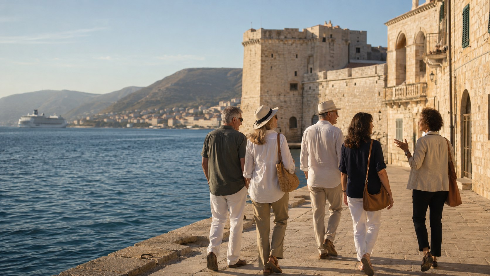 Small group of cruise travelers exploring a Mediterranean harbor with a local guide