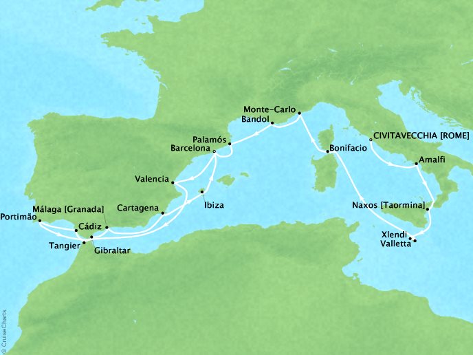 Seabourn Cruises Encore Map Detail Civitavecchia (Rome), Italy to Barcelona, Spain August 25 September 14 2026 - 20 Days