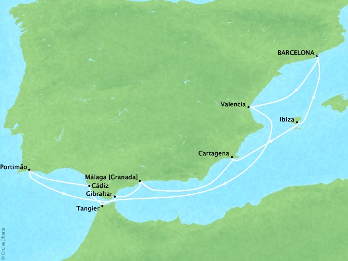 Seabourn Cruises Encore Map Detail Barcelona, Spain to Barcelona, Spain August 5-15 2026 - 10 Days