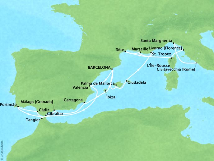 Seabourn Cruises Encore Map Detail Barcelona, Spain to Civitavecchia, Italy August 5-25 2026 - 20 Days