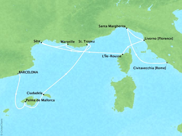 Seabourn Cruises Encore Map Detail Barcelona, Spain to Civitavecchia, Italy July 16-26 2026 - 10 Days