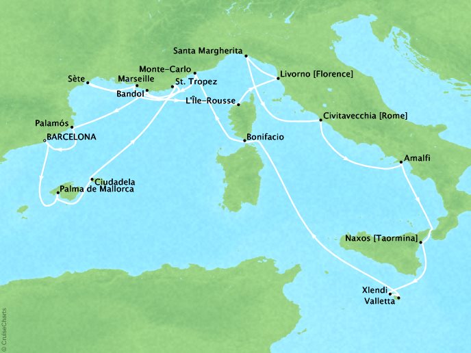 Seabourn Cruises Encore Map Detail Barcelona, Spain to Barcelona, Spain July 16 August 5 2026 - 22 Days