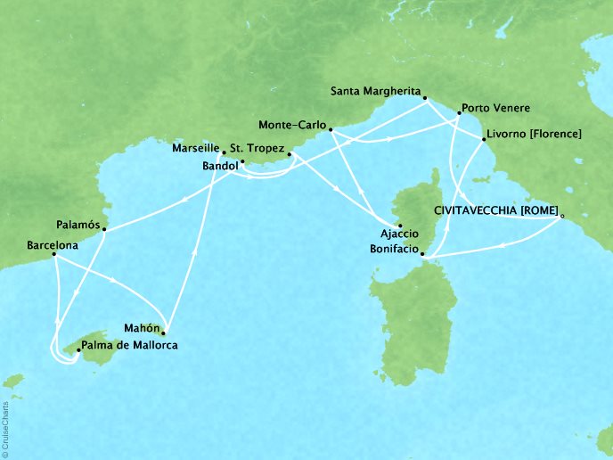 Seabourn Cruises Encore Map Detail Civitavecchia, Italy to Civitavecchia, Italy May 27 June 10 2026 - 14 Days