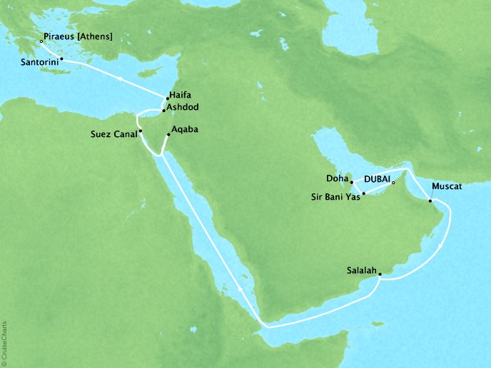 Just Seabourn World Cruises Encore Map Detail Dubai, United Arab Emirates to Piraeus, Greece April 9-28 2027 - 19 Days