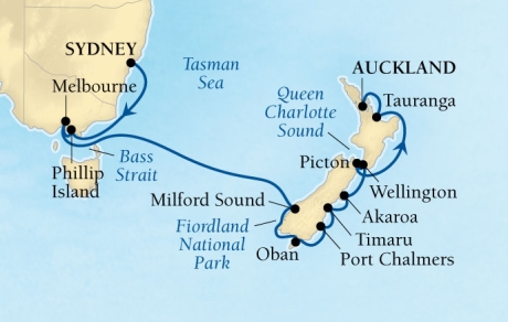 Just Seabourn World Cruises Encore Map Detail Sydney, Australia to Auckland, New Zealand January 21 February 6 2027 - 17 Days