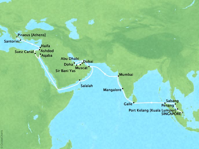 Just Seabourn World Cruises Encore Map Detail Singapore, Singapore to Piraeus, Greece March 22 April 28 2027 - 38 Days