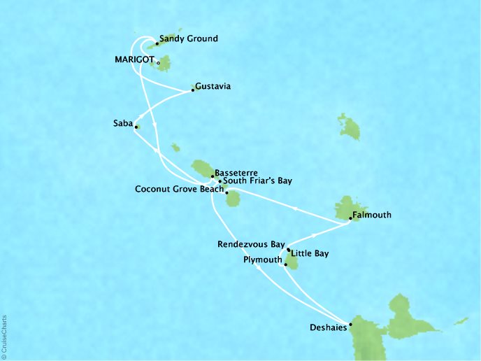 CRYSTAL LUXURY cruises Esprit Map Detail Marigot, Saint Martin to Marigot, Saint Martin December 23 2024 January 3 2025 - 10 Days