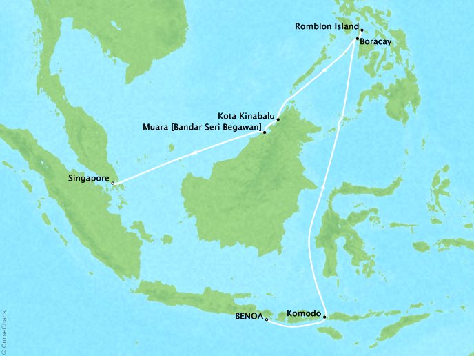 Cruises Crystal Symphony Map Detail Benoa, Bali to Singapore February 23 March 7 2017 - 12 Days
