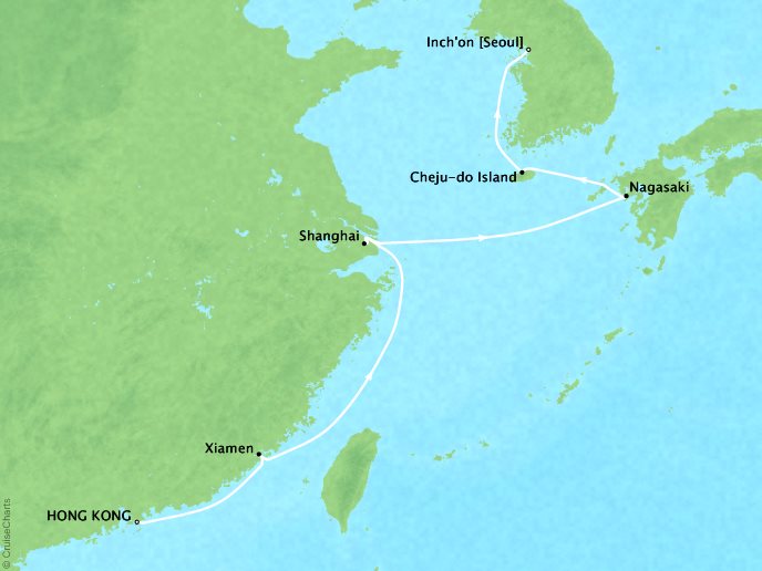 Cruises Crystal Symphony Map Detail Hong Kong to Inchon, South Korea March 20-31 2017 - 11 Days