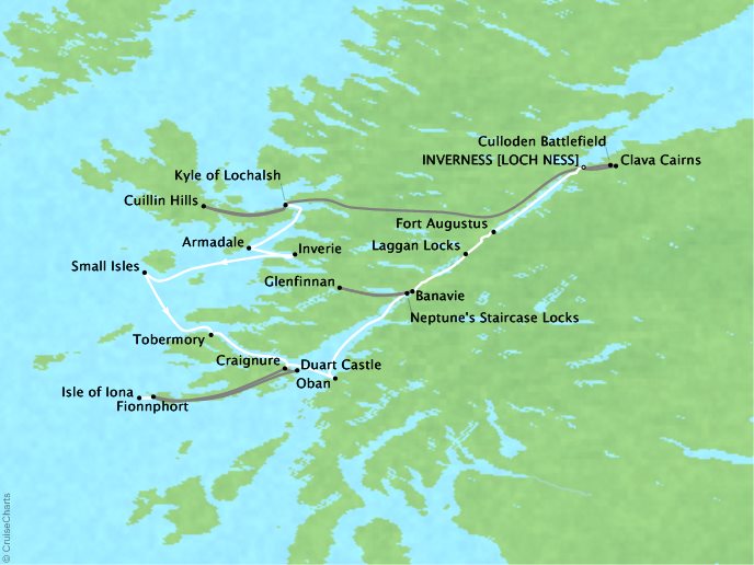 7 Seas Luxury Cruises Cruises Lindblad Expeditions Lord of the Glens Map Detail Inverness, United Kingdom to Inverness, United Kingdom August 12-20 2022 - 8 Days