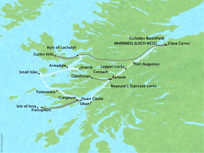 7 Seas Luxury Cruises Lindblad Expeditions Lord of the Glens Map Detail Inverness, United Kingdom to Inverness, United Kingdom June 11-18 2024 - 7 Days
