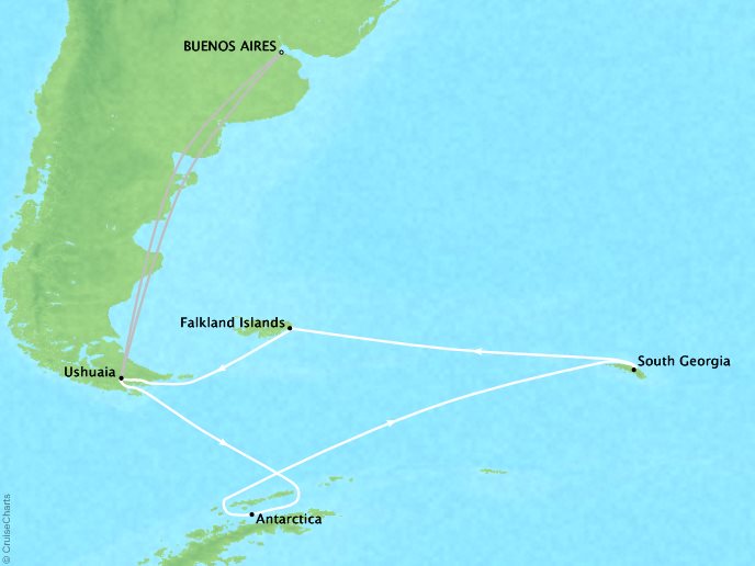 Around the World Private Jet Cruises Lindblad NG NG Explorer Map Detail Buenos Aires, Argentina to Ushuaia, Argentina February 15 March 8 2018 - 21 Days
