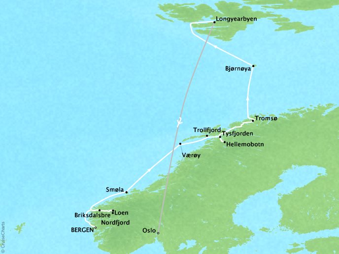 7 Seas Luxury Cruises Lindblad Expeditions National Geographic NG Explorer Map Detail Bergen, Norway to Oslo, Norway May 4-19 2024 - 15 Days