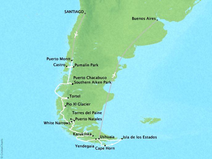 7 Seas Luxury Cruises Lindblad Expeditions National Geographic NG Explorer Map Detail Santiago, Chile to Buenos Aires, Argentina October 7-24 2024 - 17 Days