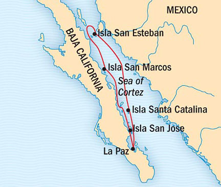 Around the World Private Jet Cruises Lindblad NG Cruises NG Sea Bird Map Detail San Jose Del Cabo, Mexico to San Jose Del Cabo, Mexico April 1-8 2017 - 7 Days