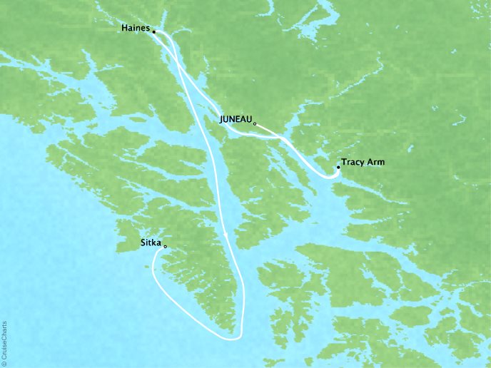 Around the World Private Jet Cruises Lindblad NG NG Sea Bird Map Detail Juneau, AK, United States to Sitka, AK, United States July 21-26 2017 - 5 Days