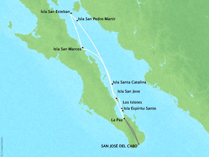 7 Seas Luxury Cruises Cruises Lindblad Expeditions National Geographic NG Sea Bird Map Detail San Jose Del Cabo, Mexico to San Jose Del Cabo, Mexico April 14-21 2022 - 7 Days