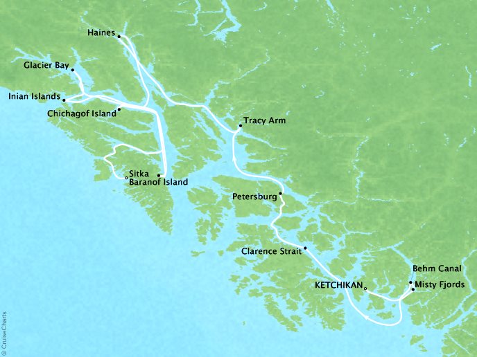 7 Seas Luxury Cruises Lindblad Expeditions National Geographic NG Sea Bird Map Detail Ketchikan, AK, United States to Sitka, AK, United States July 28 August 7 2024 - 10 Days