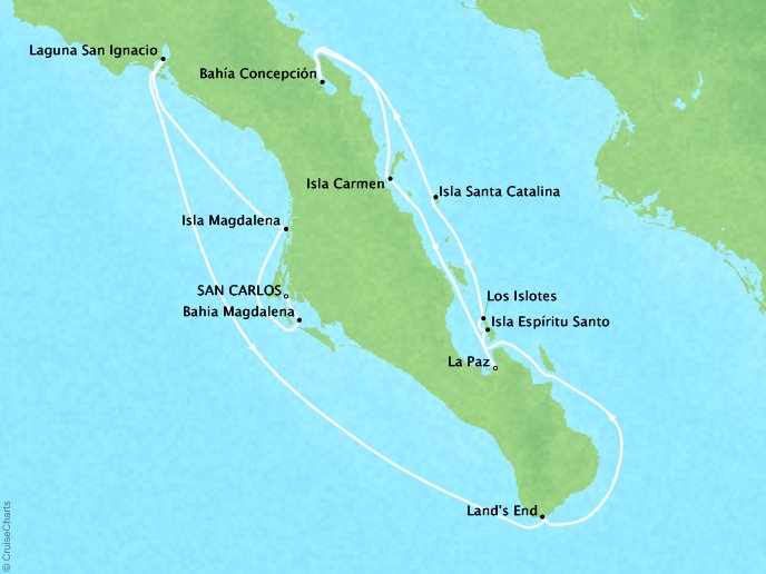 7 Seas Luxury Cruises Lindblad Expeditions National Geographic NG Sea Bird Map Detail San Jose Del Cabo, Mexico to La Paz, Mexico March 17-31 2024 - 14 Days