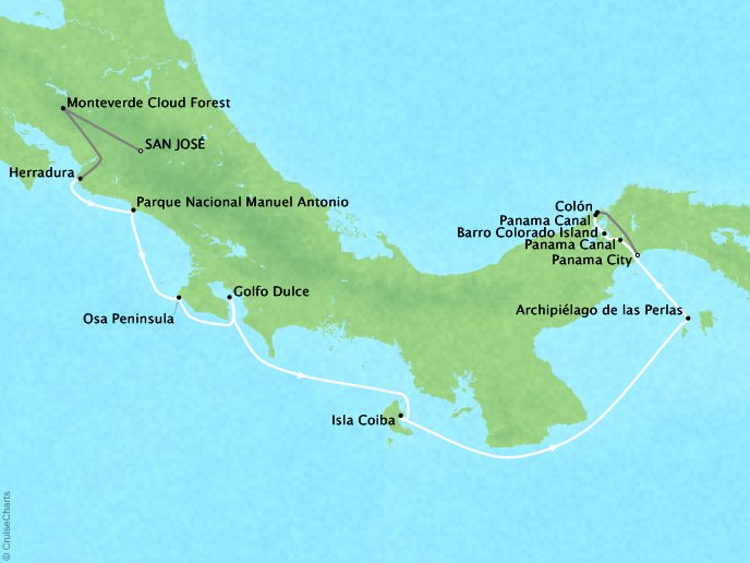 Around the World Private Jet Cruises Lindblad NG NG Sea Lion Map Detail San Jose, Costa Rica to Panama City, Panama February 1-11 2023 - 10 Days