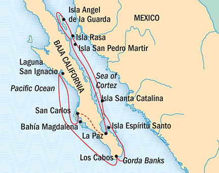 Around the World Private Jet Cruises Lindblad NG Cruises NG Sea Lion Map Detail San Carlos, Mexico to La Paz, Mexico March 27 April 10 2023 - 14 Days
